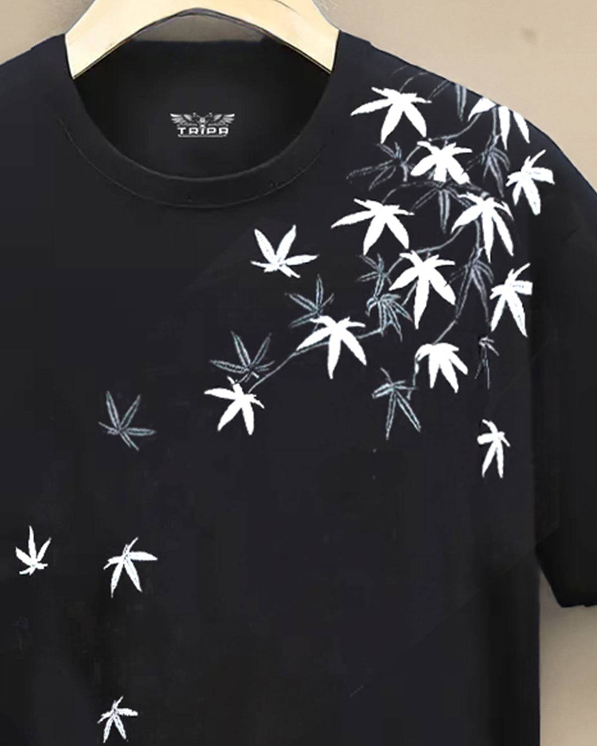 Feather Printed Half Sleeve Round Neck Mens Black T-shirt