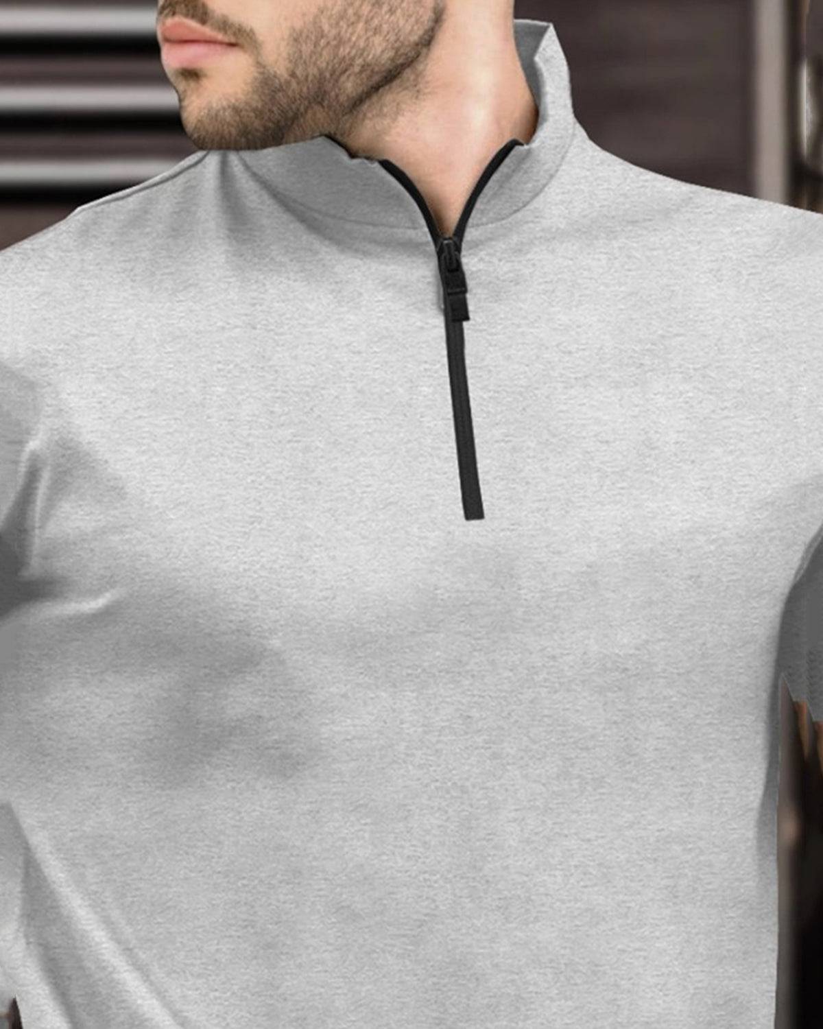 Men High Neck Plain Half Sleeve Grey T-shirt