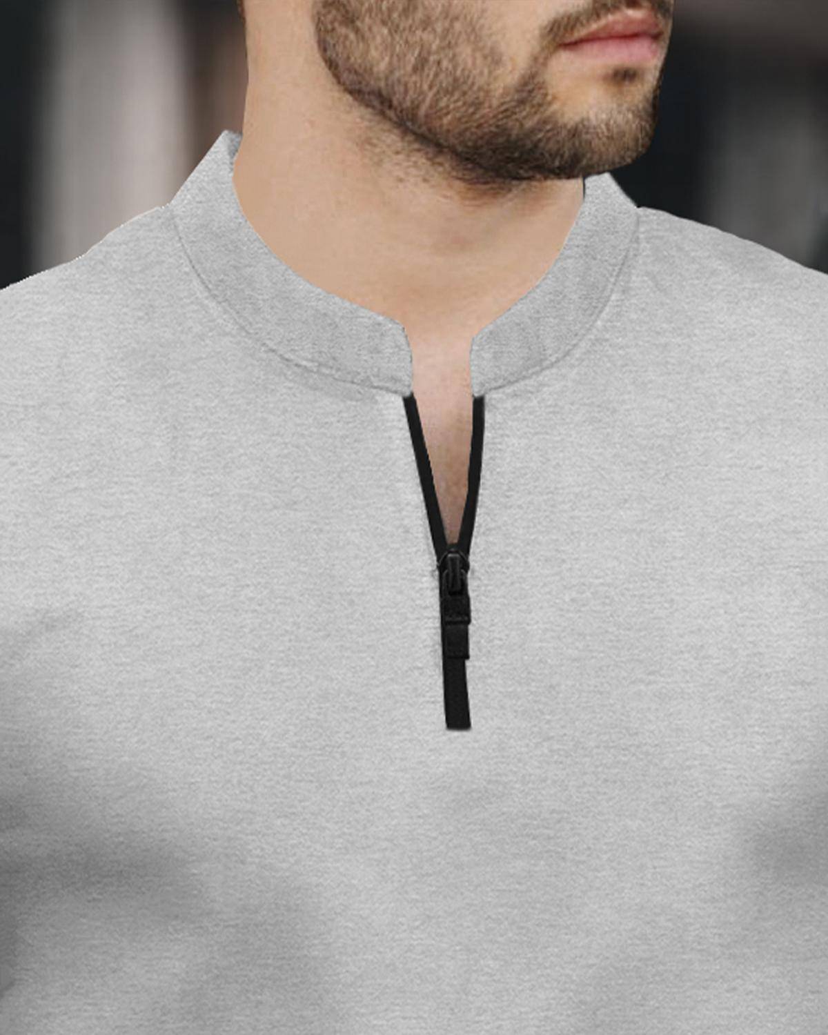 Half Sleeve Henley Neck Zip Type Plain Grey T-shirt