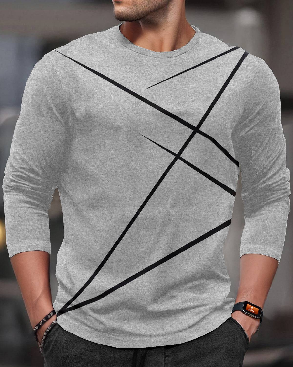 Round Neck Full Sleeve Zig Zag Printed Grey T-shirt