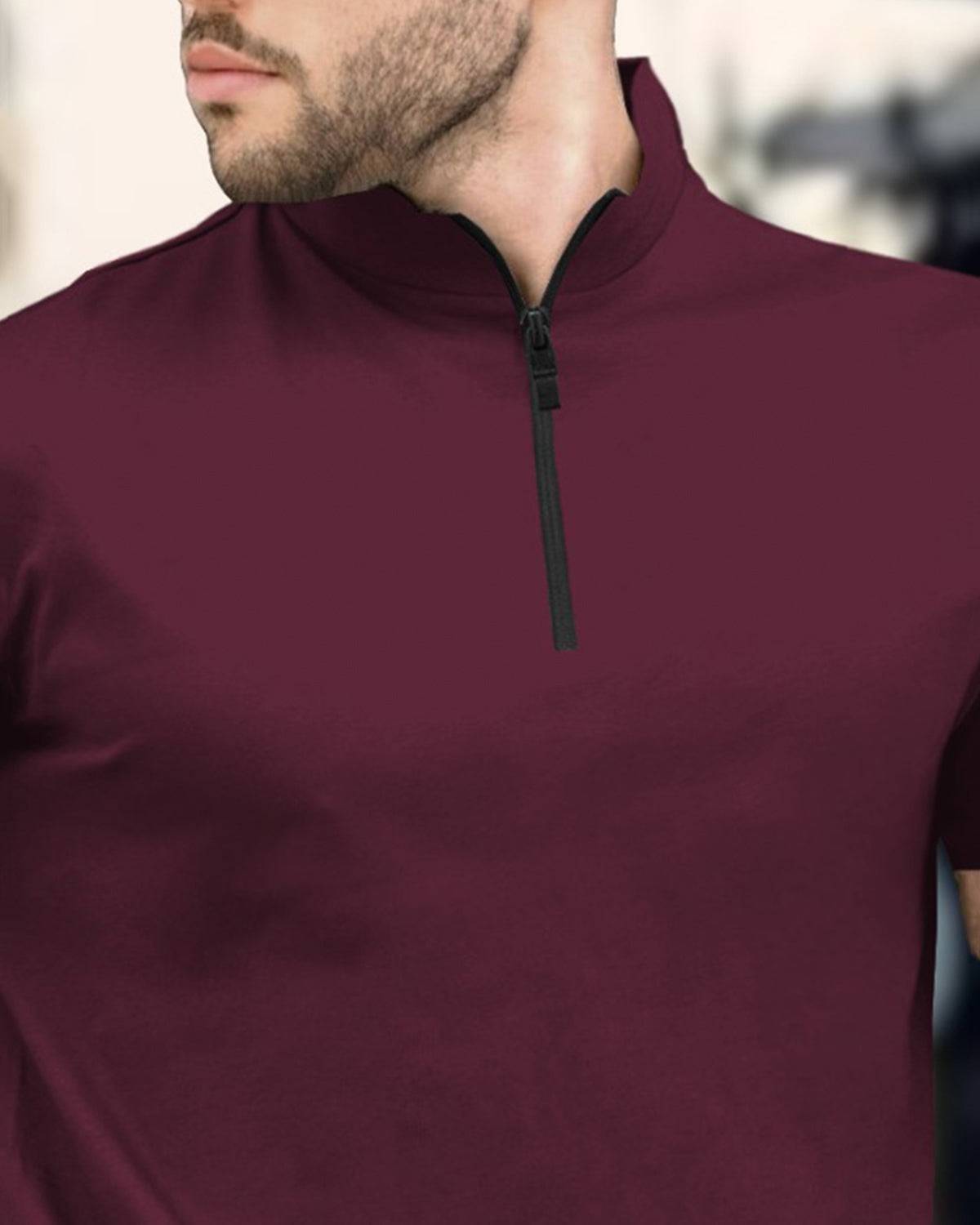 Men High Neck Plain Half Sleeve Maroon T-shirt
