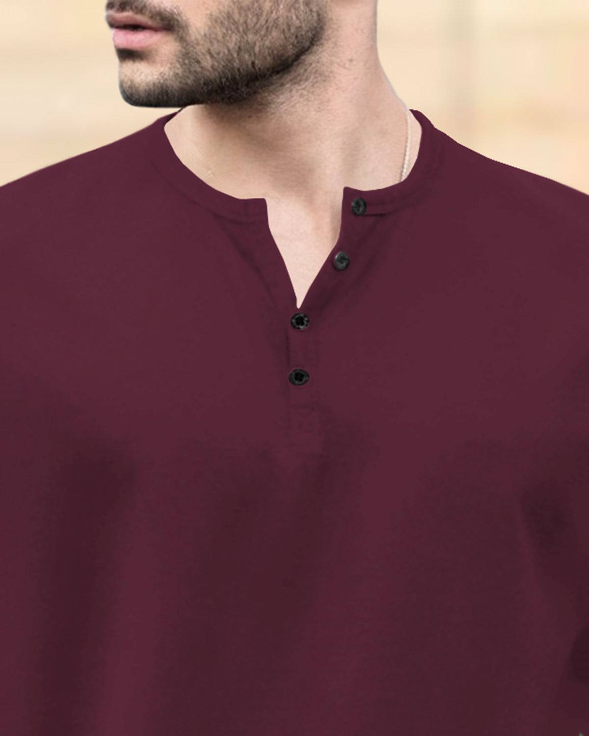 Half Sleeve Henley Neck Plain Maroon T-shirt