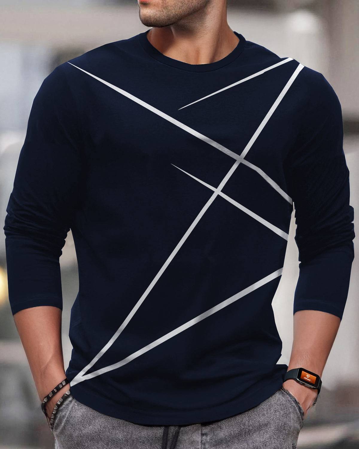 Round Neck Full Sleeve Zig Zag Printed Navyblue T-shirt
