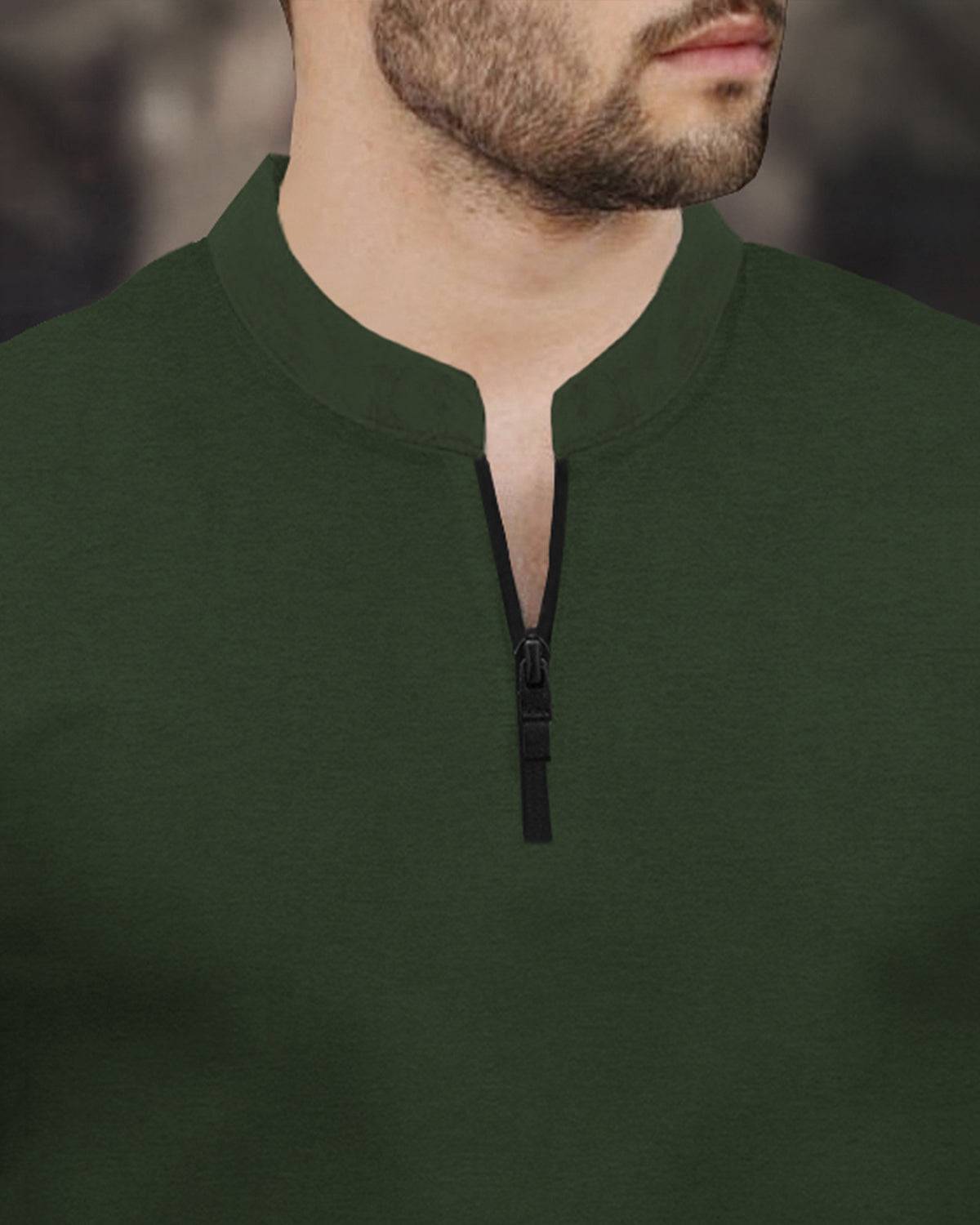 Half Sleeve Henley Neck Zip Type Plain Olive Green T-shirt