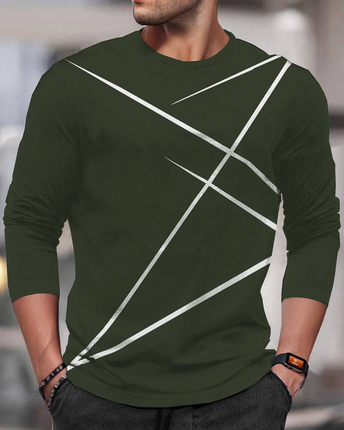 Round Neck Full Sleeve Zig Zag Printed Olive Green T-shirt