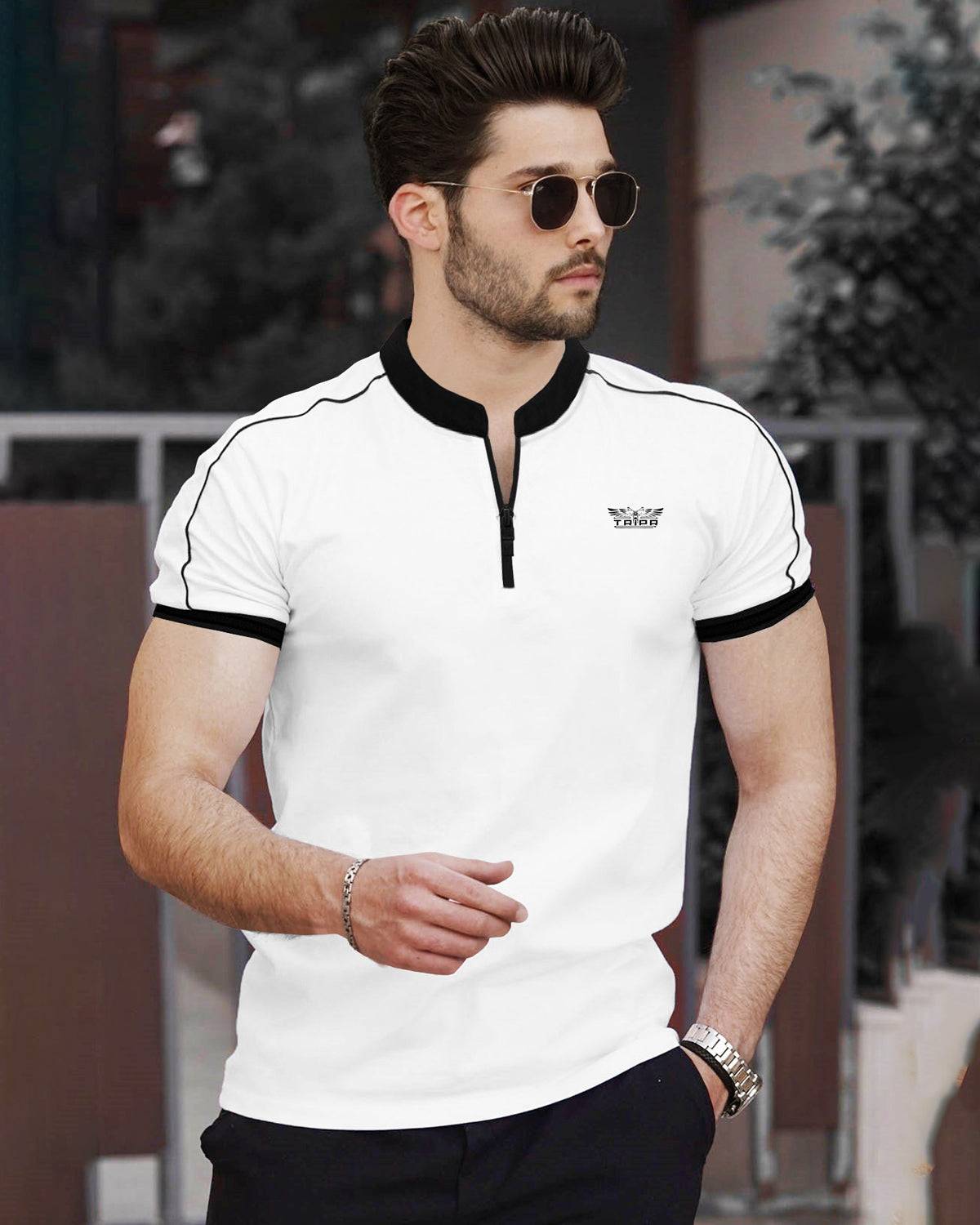 SHORT AND LONG SLEEVE Men White Zip-neck Black Piping T-shirt
