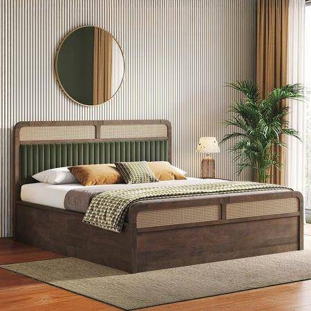 Hanoi Solid Wood Cane King Size Hydraulic Storage Bed In Danish Walnut Finish with Deep Olive Colour