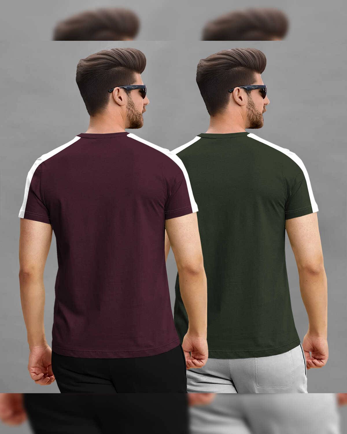 (Pack Of 2) Men Half Sleeve Round Neck Maroon & Olivegreen Cotton Blend T-Shirt