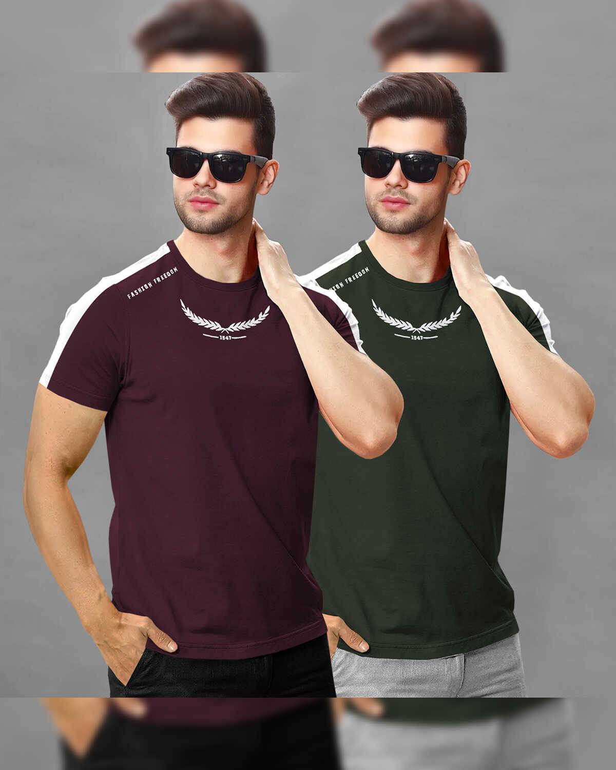 (Pack Of 2) Men Half Sleeve Round Neck Maroon & Olivegreen Cotton Blend T-Shirt