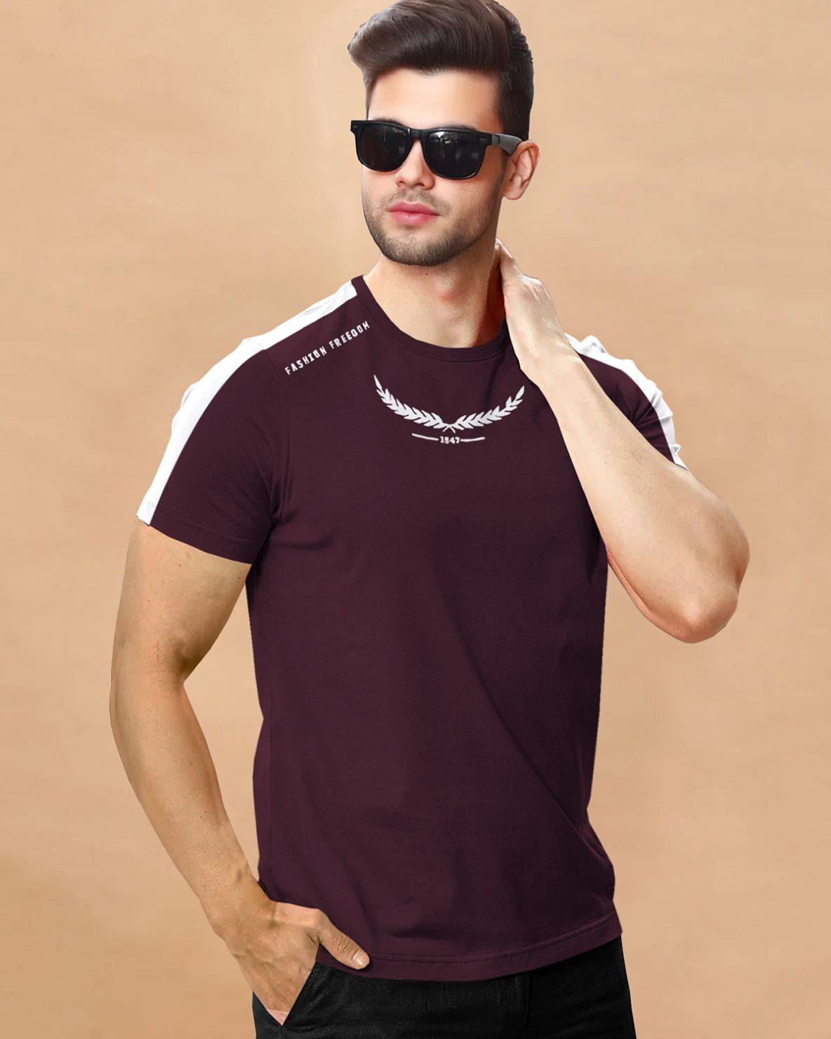 Men Half Sleeve Round Neck Maroon - White Cotton Blend T-Shirt