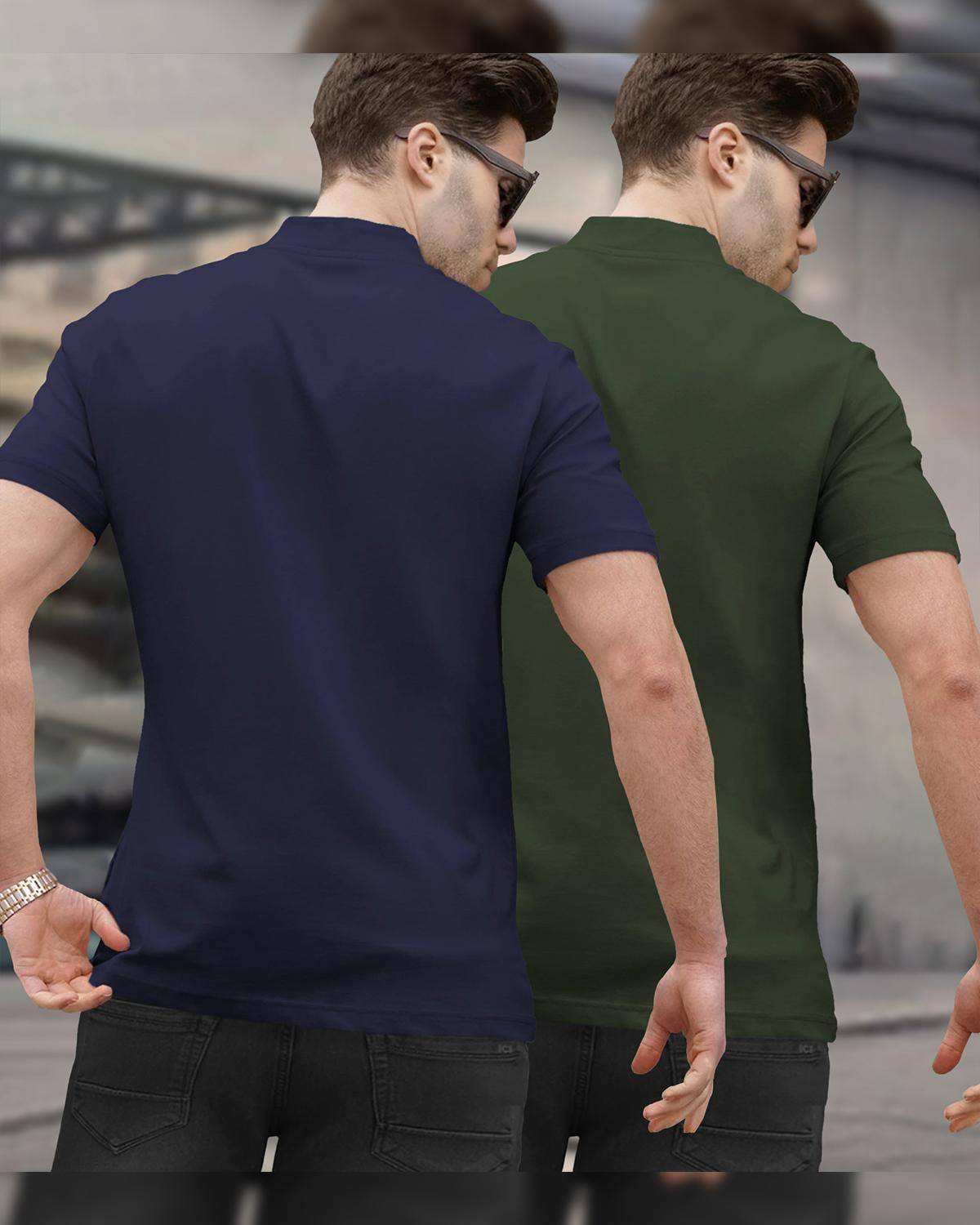 (Pack Of 2) Half Sleeve Men High Neck Navy & Olive T-shirts