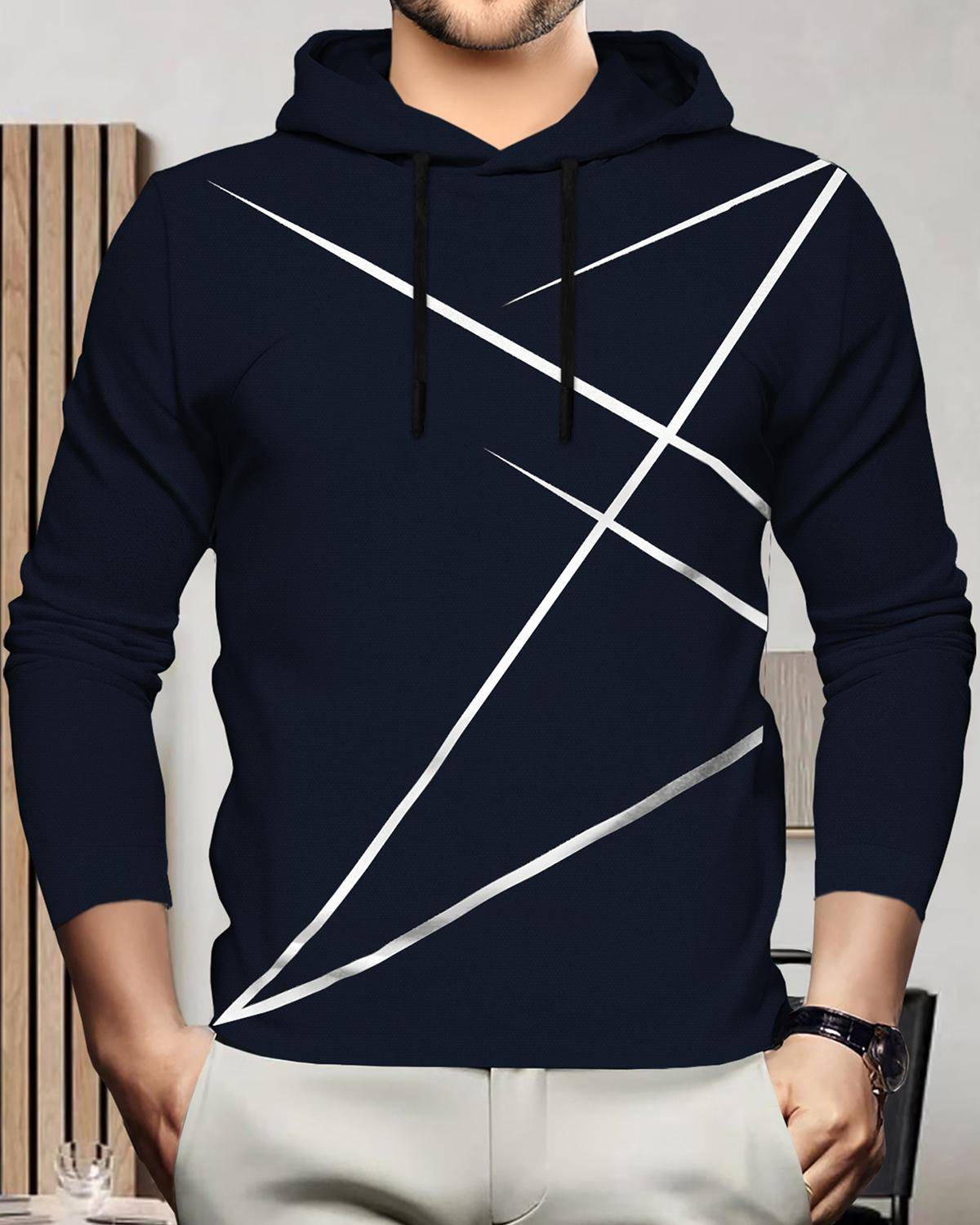 Men Full Sleeve Zig Zag Printed Hooded Navyblue T-shirt