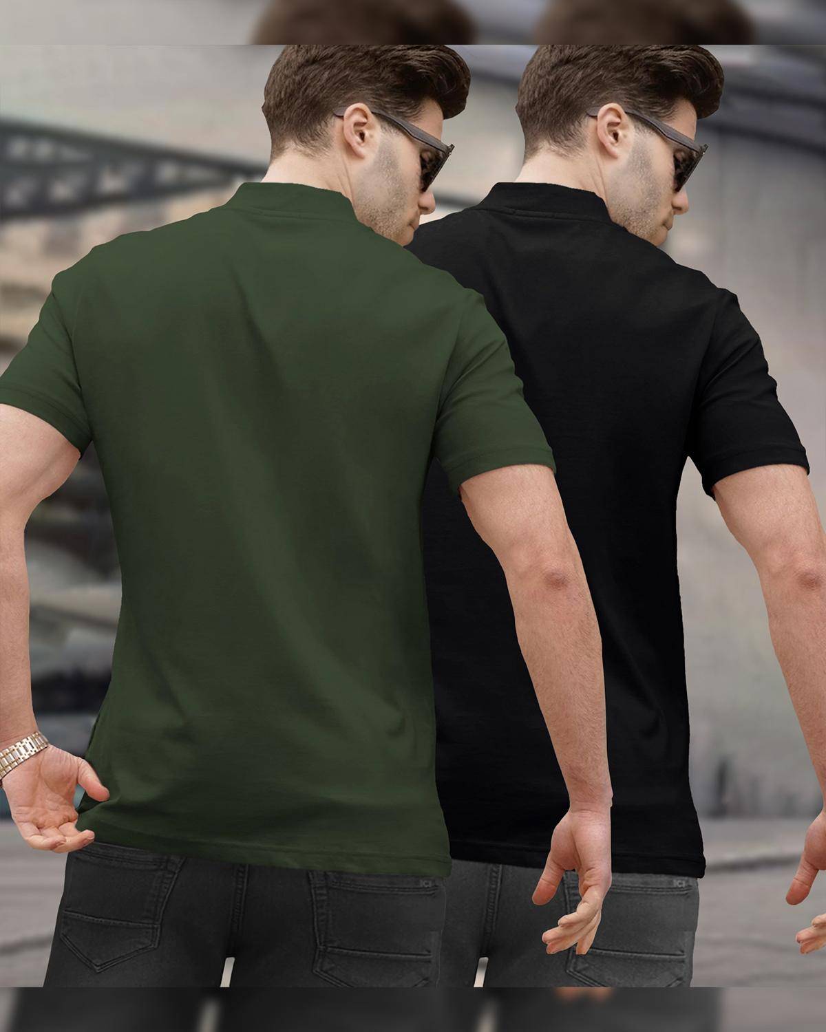 (Pack Of 2) Half Sleeve Men High Neck Olive & Black T-shirts