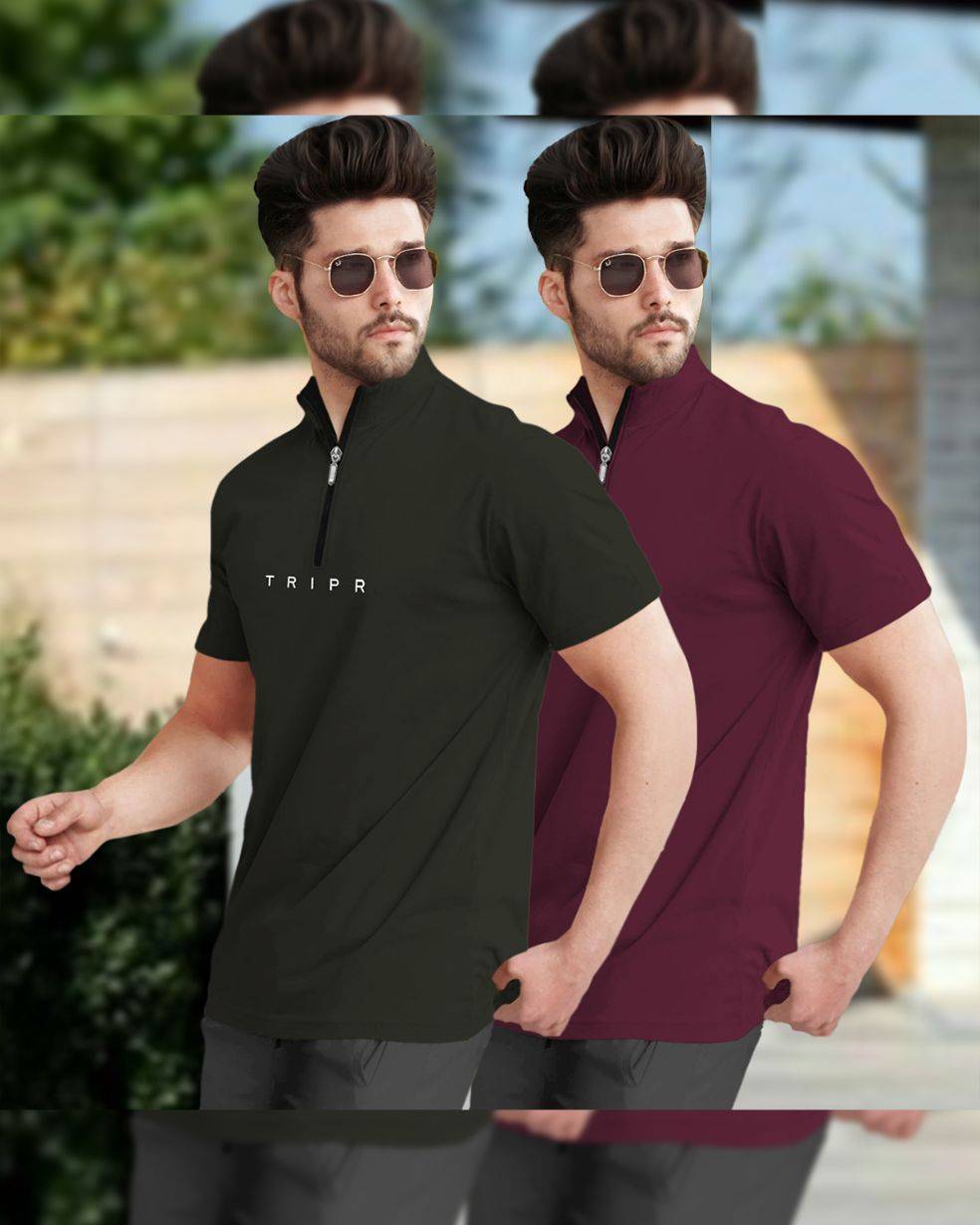 Mens High Neck Half Sleeve Olive & Maroon T-shirts (Pack Of 2)