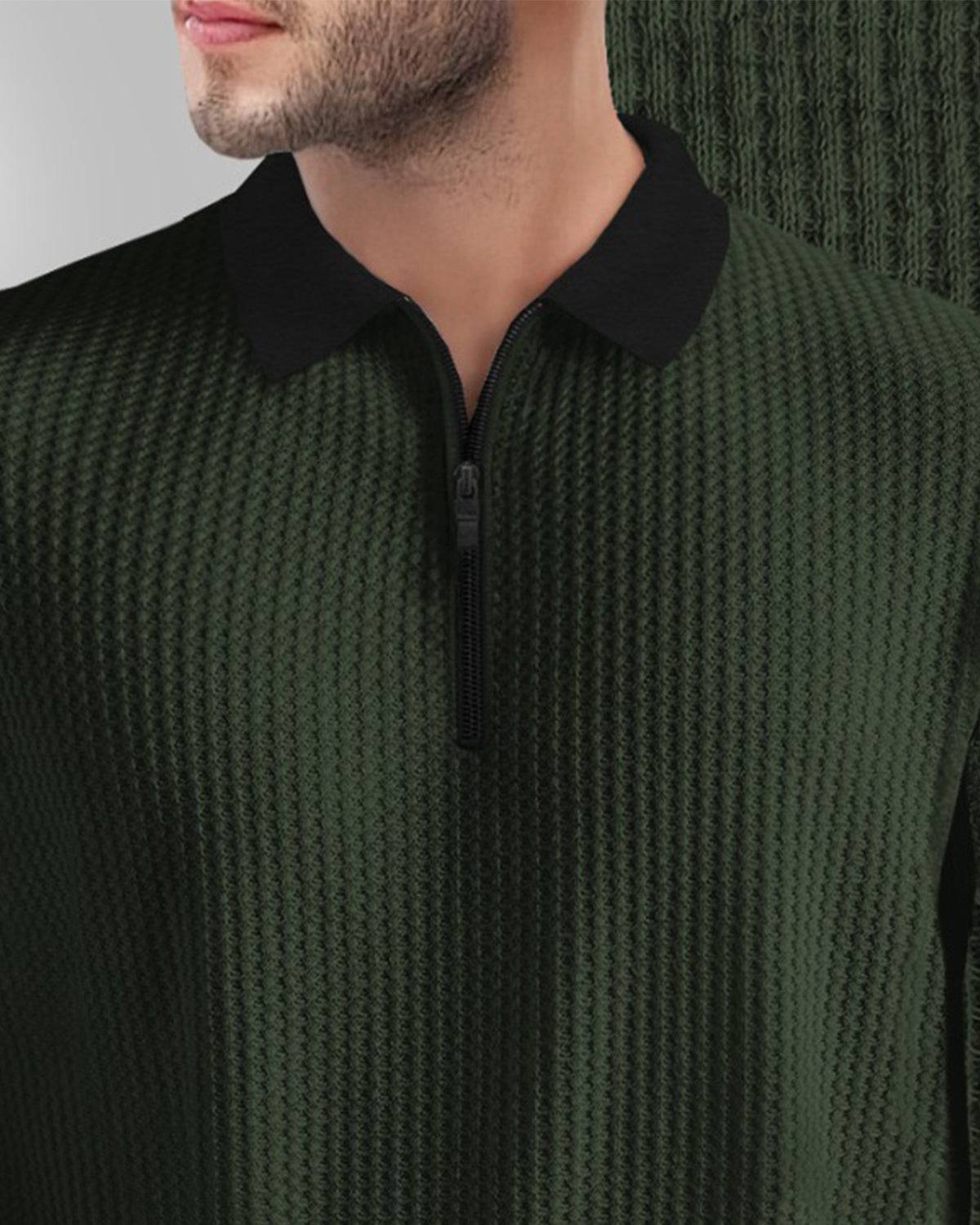 Polo Collar Half Sleeve Olivegreen Black Contrast Waffle Textured T-shirt