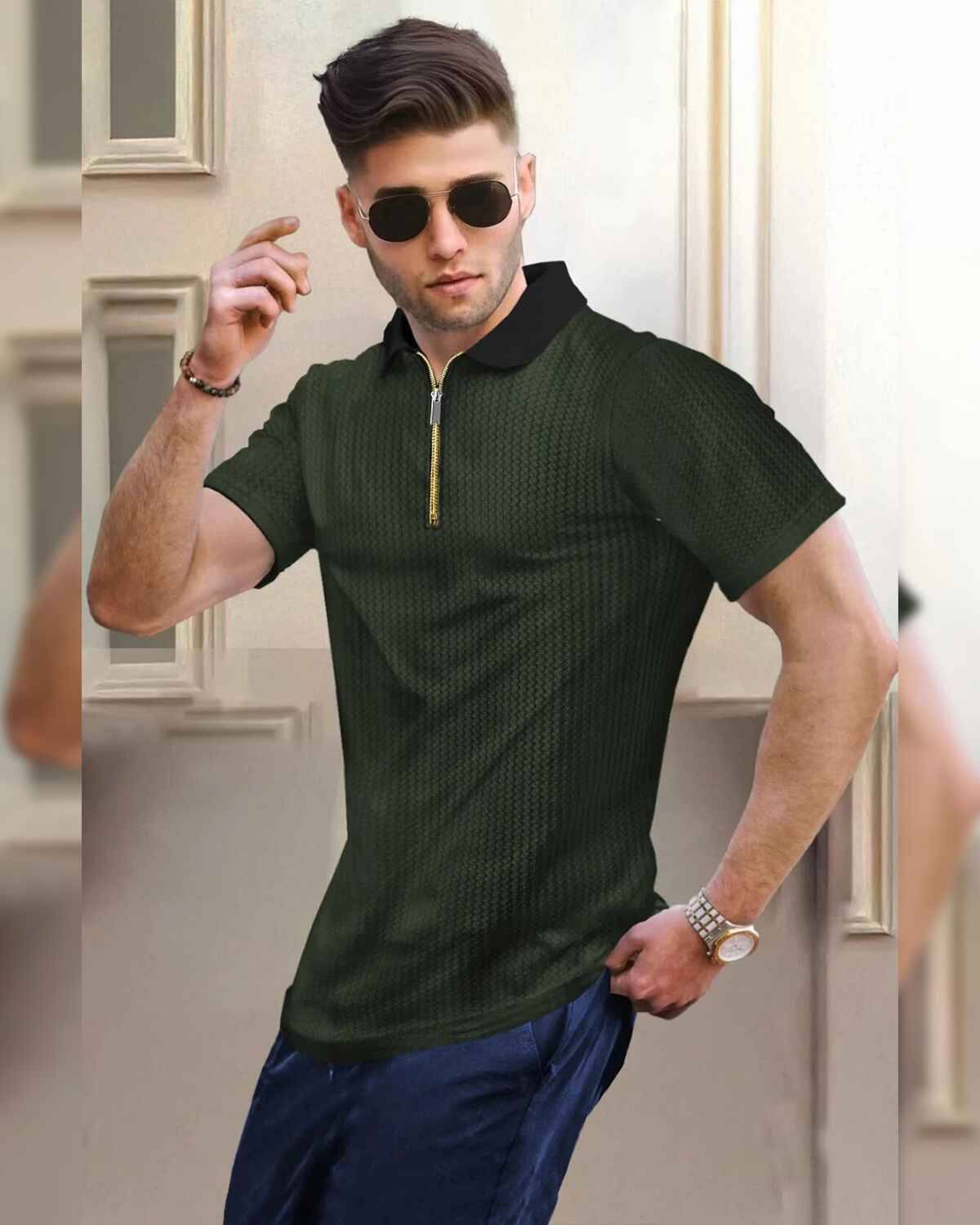 Men Half Sleeve Plain Olive & Black Textured Waffle T-Shirt