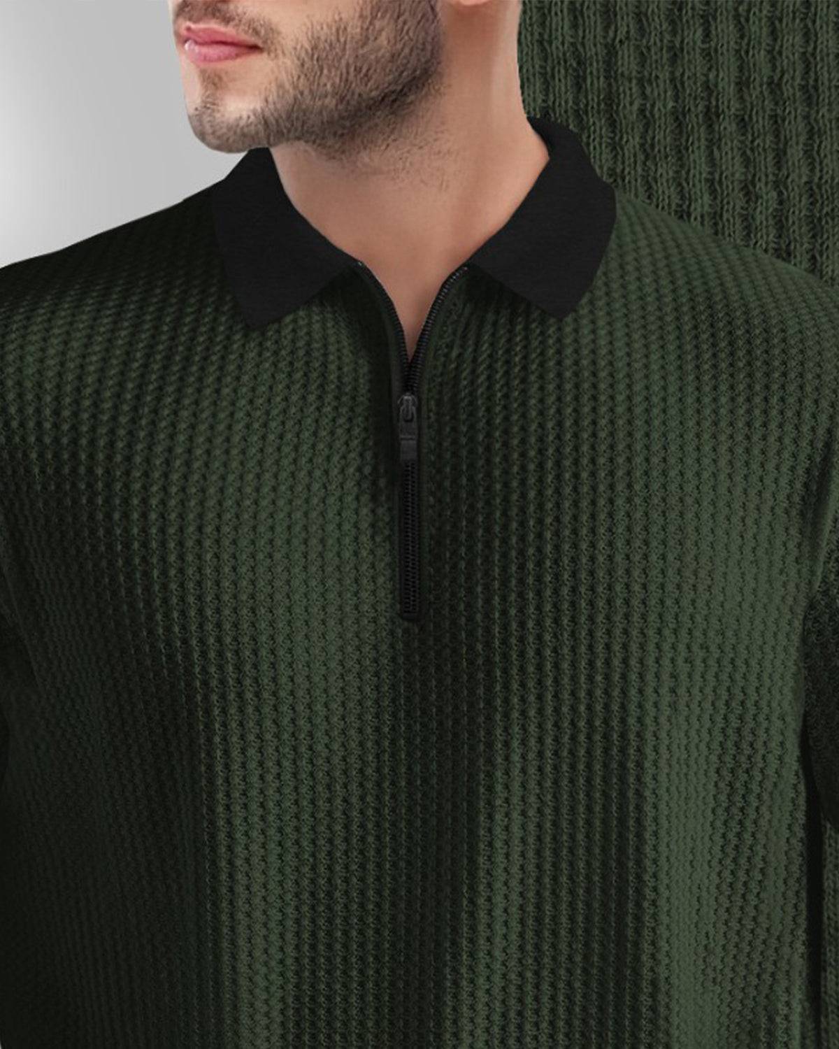 Men’s Waffle Textured Olive Green Full Sleeve Polo T-Shirt with Quarter Zip Neck - Contrast Collar