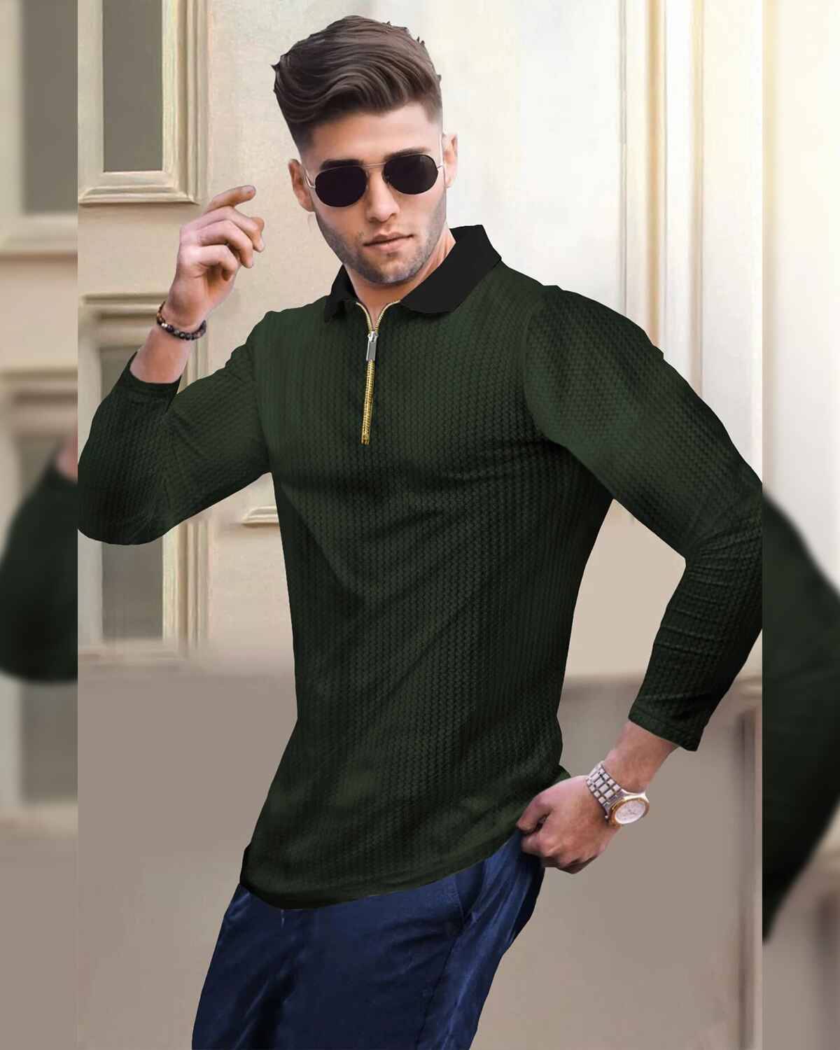 Men Textured Full Sleeve Plain Waffle Olive & Black T-Shirt