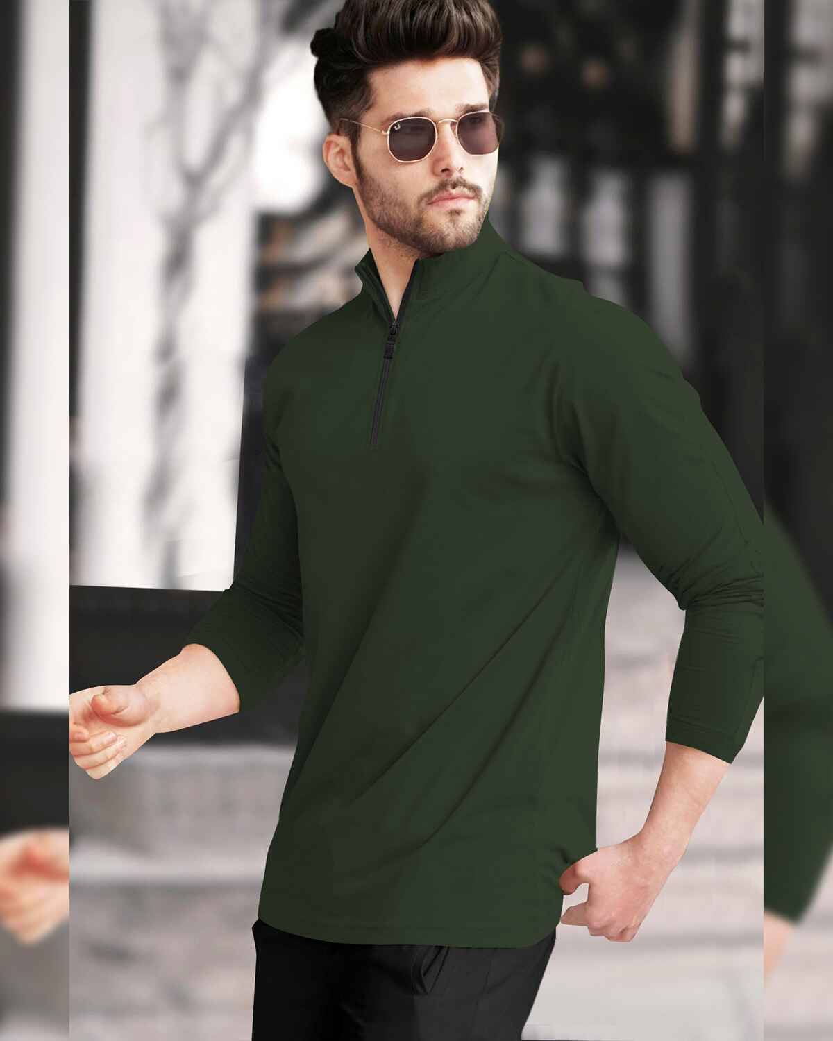 Men High Neck Zipper Full Sleeve Olive Green T-Shirt