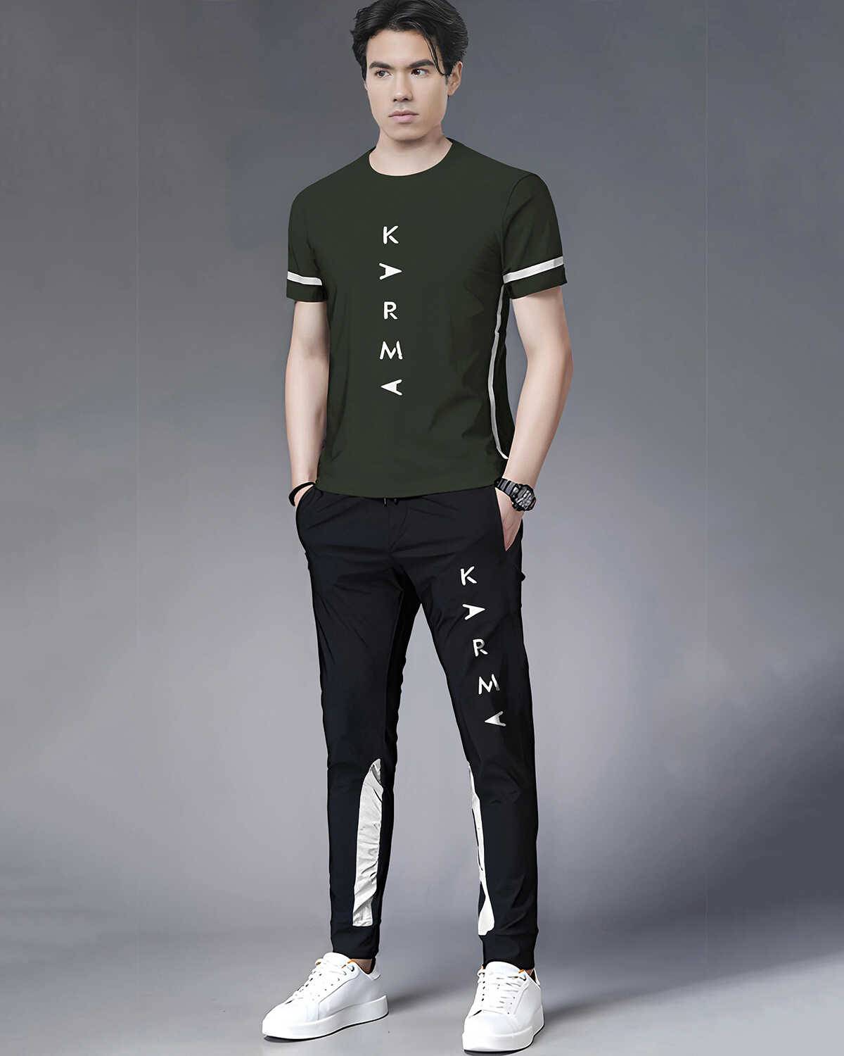 Track Suit For Olive Half Sleeve T-shirt With Black Matching Trackpant