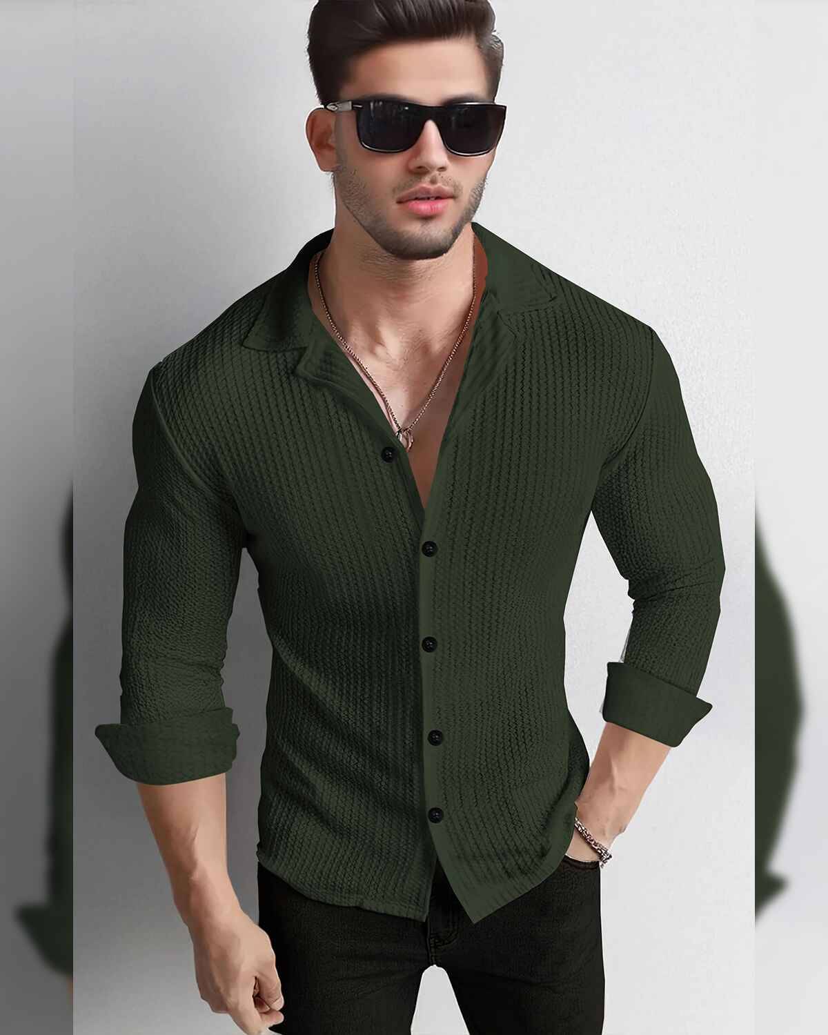 Men Full Sleeve Olivegreen Solid Color Waffle Textured Shirt