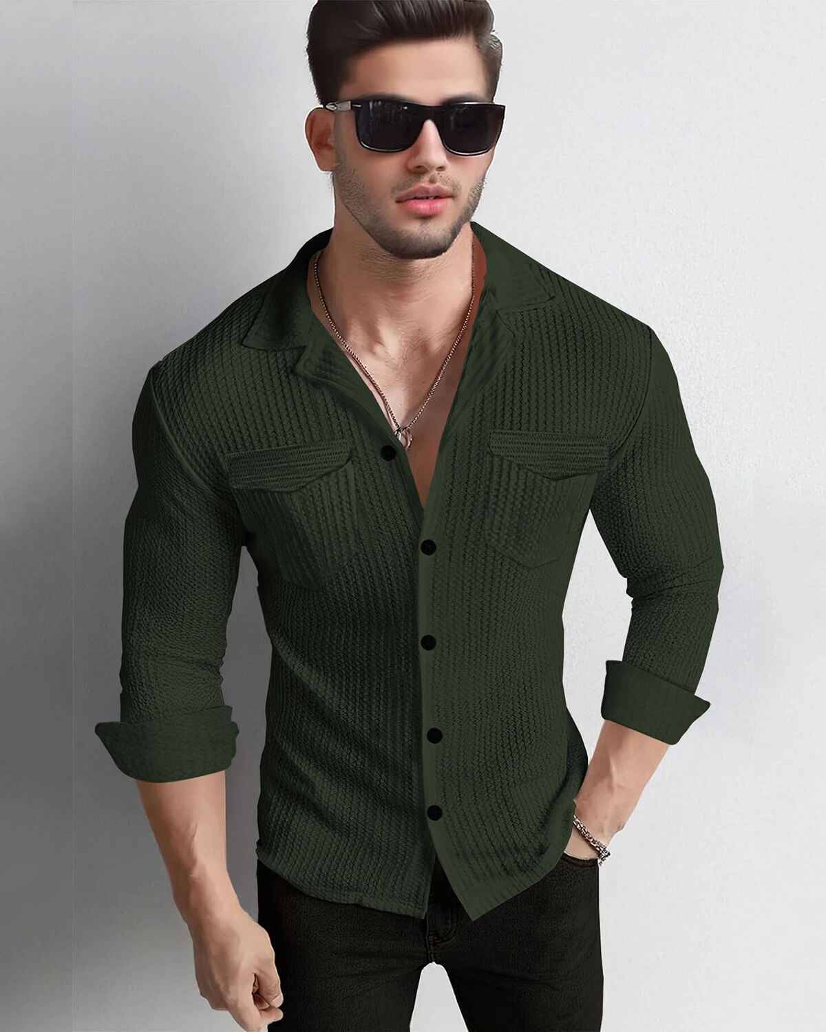 Men Full Sleeve Olivegreen Double Pocket Waffle Textured Shirt