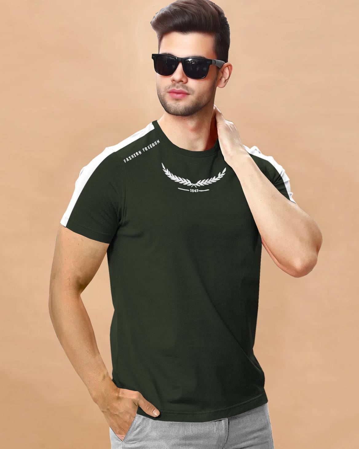 Men Half Sleeve Round Neck Olivegreen - White Cotton Blend T-Shirt