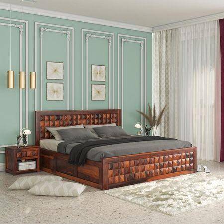 Keaton Sheesham Wood King Size Bed Box Storage Honey OakOak Finish (72 x 78 inches)