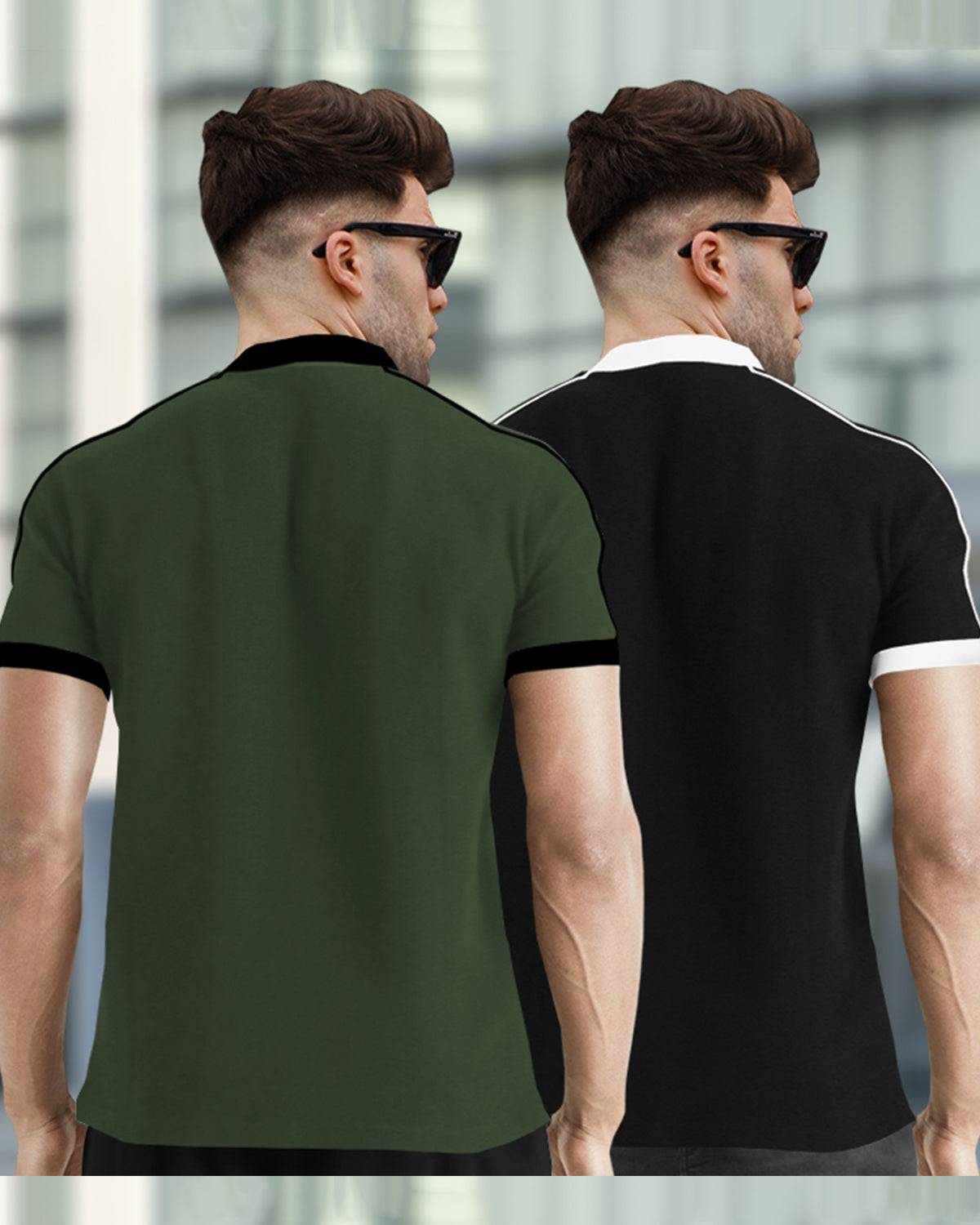 Mens Henely Neck Half Sleeve Dark Green & Black T-shirts (Pack Of 2)