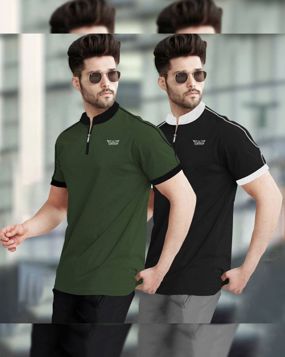 Mens Henely Neck Half Sleeve Dark Green & Black T-shirts (Pack Of 2)