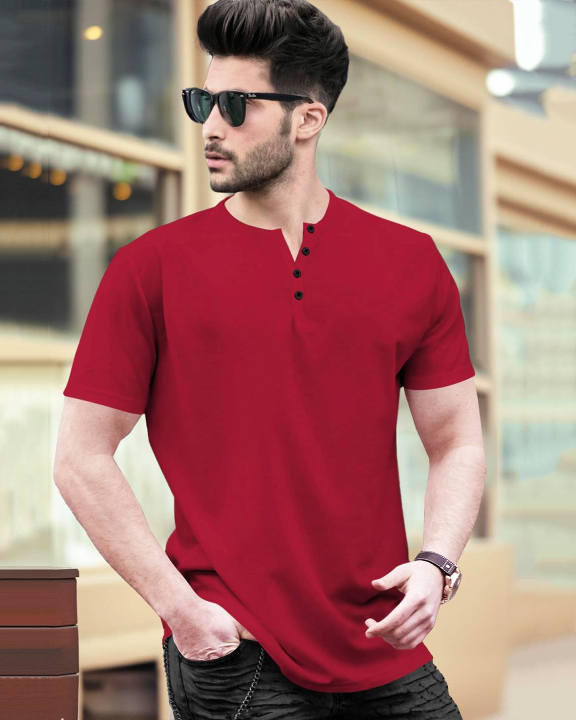 Half Sleeve Henley Neck Plain Red T-shirt