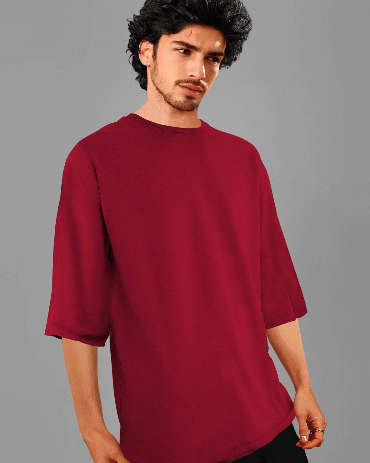 Men's Round Neck Solid Red Oversized T-shirt