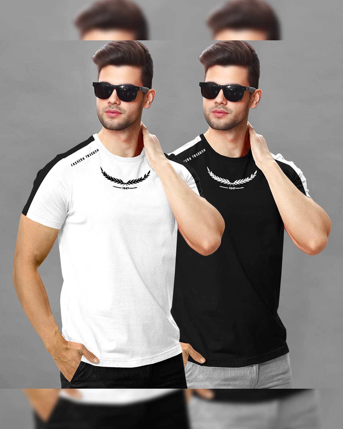 (Pack Of 2) Men Half Sleeve Round Neck White & Black T-Shirt
