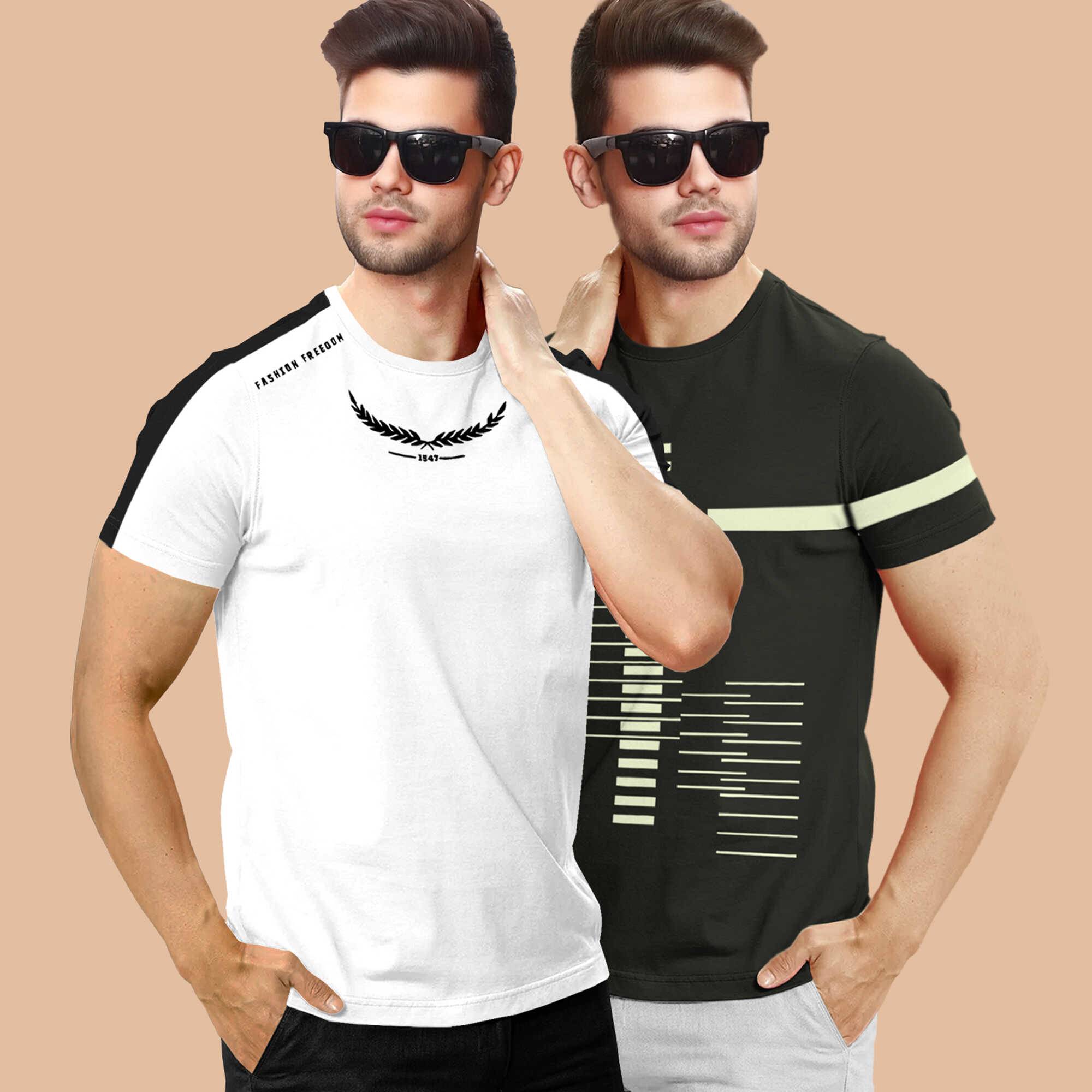 Combo pack Half Sleeve Printed T-shirts white and olive green
