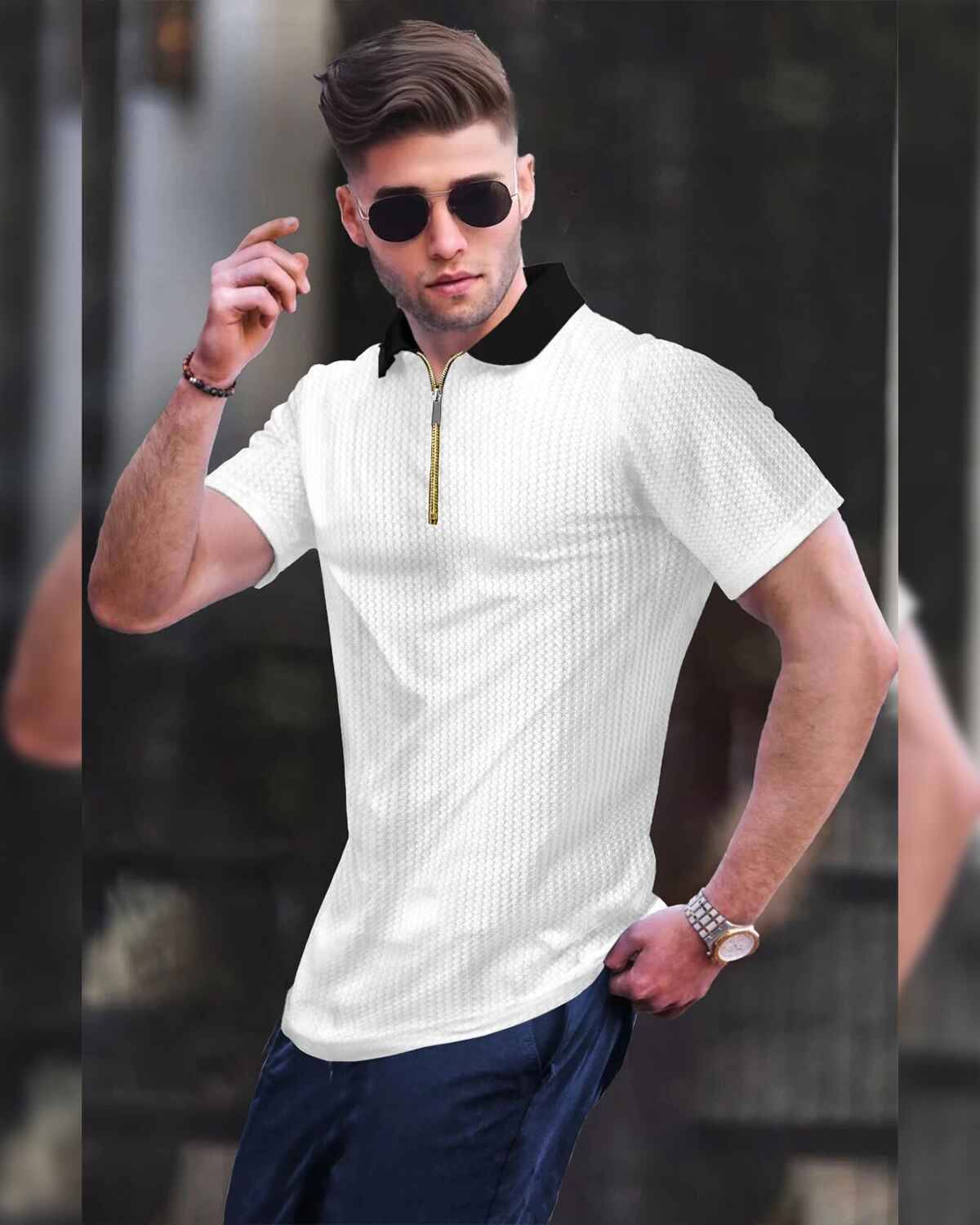 Men Half Sleeve Plain White & Black Textured Waffle T-Shirt
