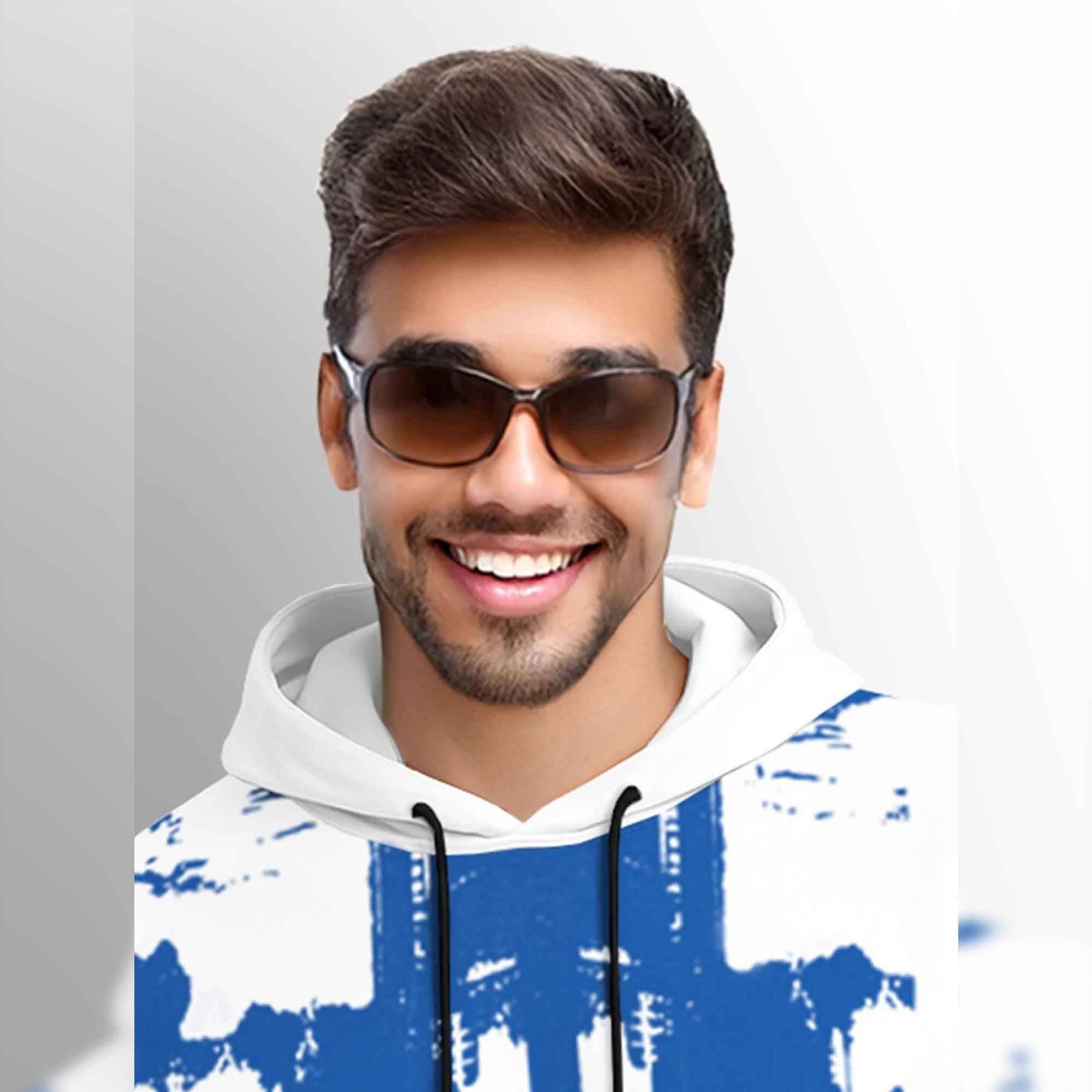 Men Printed Hooded Full Sleeve Casual T-shirt White & Blue