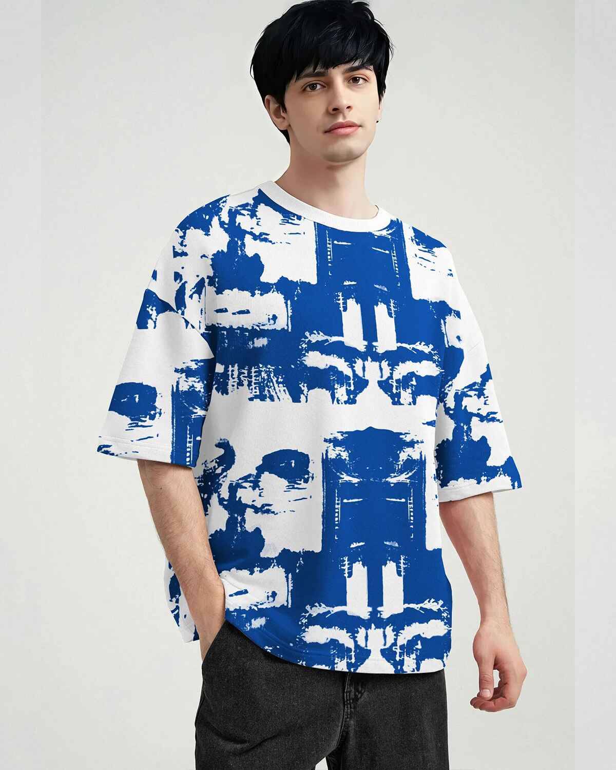 White & Blue Men Printed Oversized T-shirt