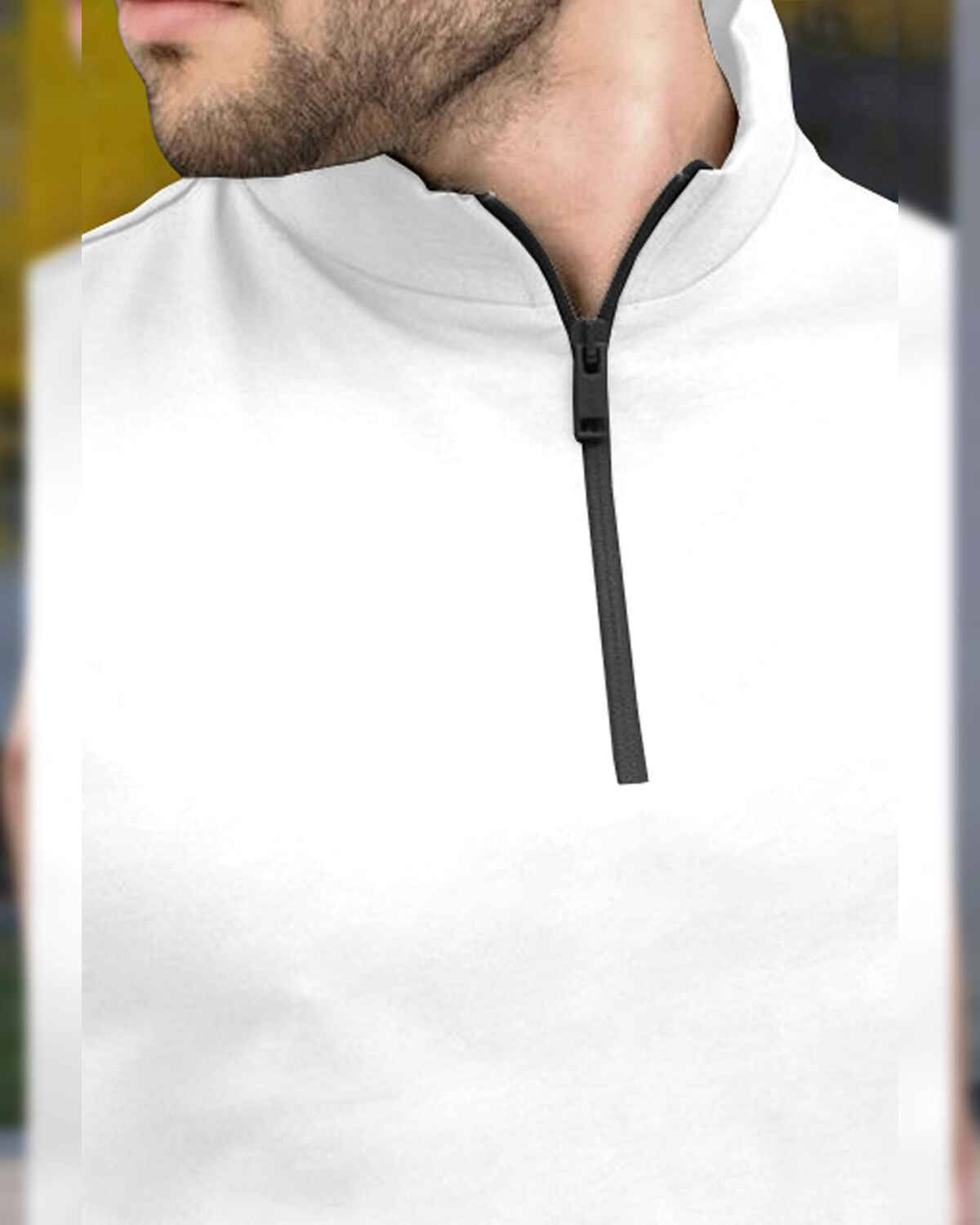 Men High Neck Plain Half Sleeve White T-shirt