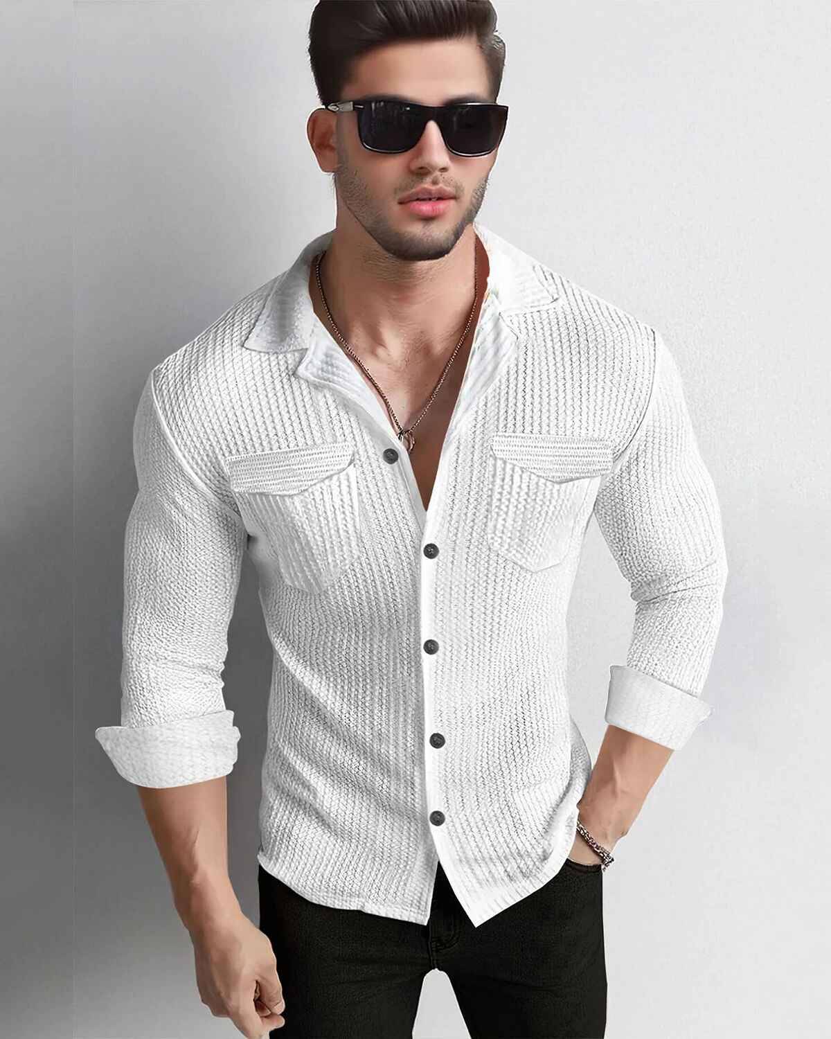 Men Full Sleeve White Double Pocket Waffle Textured Shirt