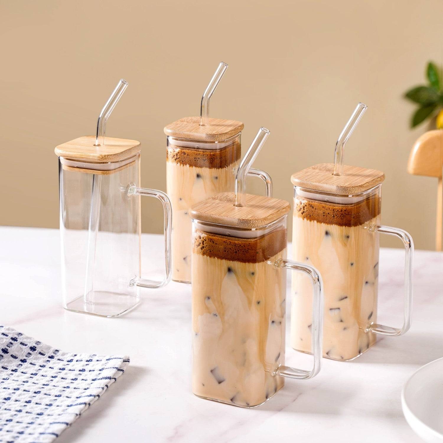 Tall Square Glass Sipper Set Of 4 With Glass Straw 400ml