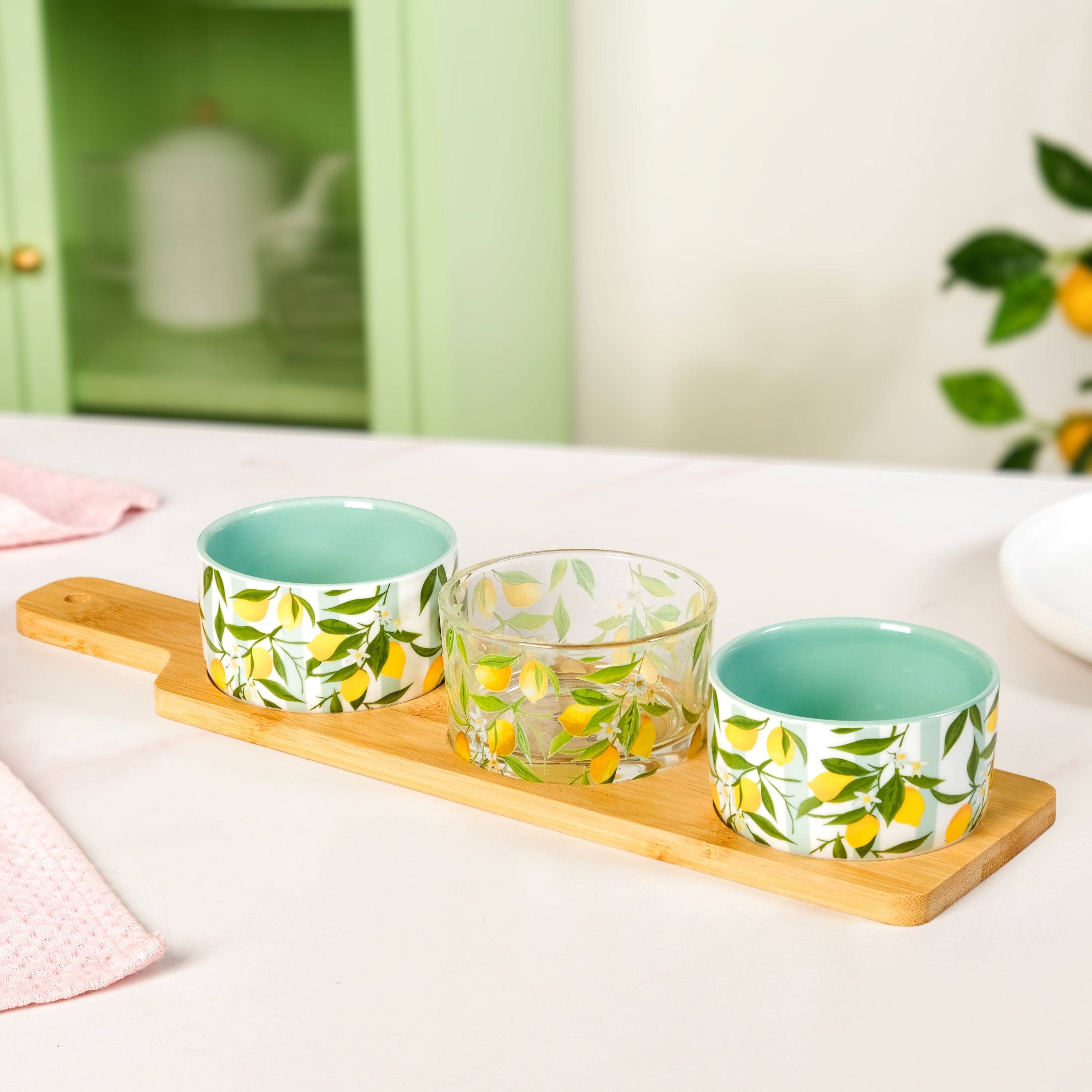 Amalfi Lemon Bowls With Bamboo Tray Set Of 4 buy only at ₹1290