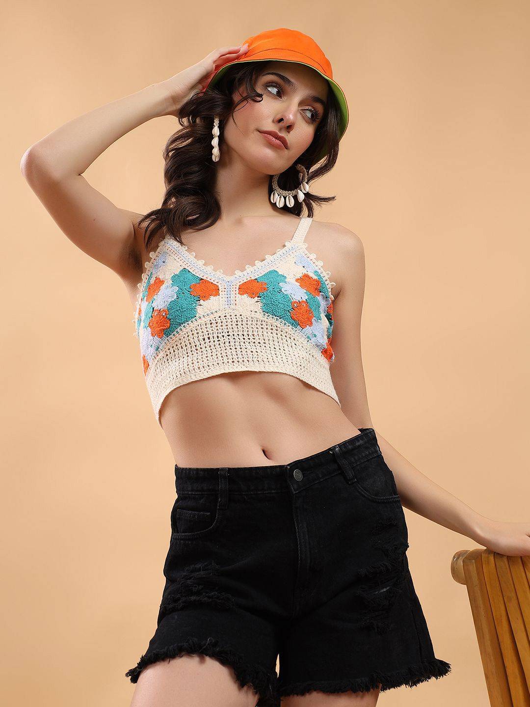 Kotty Embellished Print Cotton Crop Top