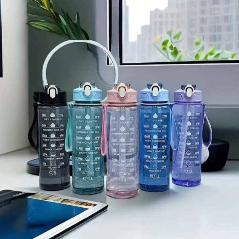Transparent Motivational Water Bottle (1000 ML) with Time Marker – Leakproof, Durable, BPA-Free, Non-Toxic Bottle for Fitness & Gym (Random Color-Pack of 1)