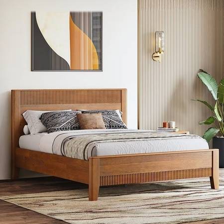 Toledo Solid Wood Queen Size Non Storage Bed In Amber Walnut Finish