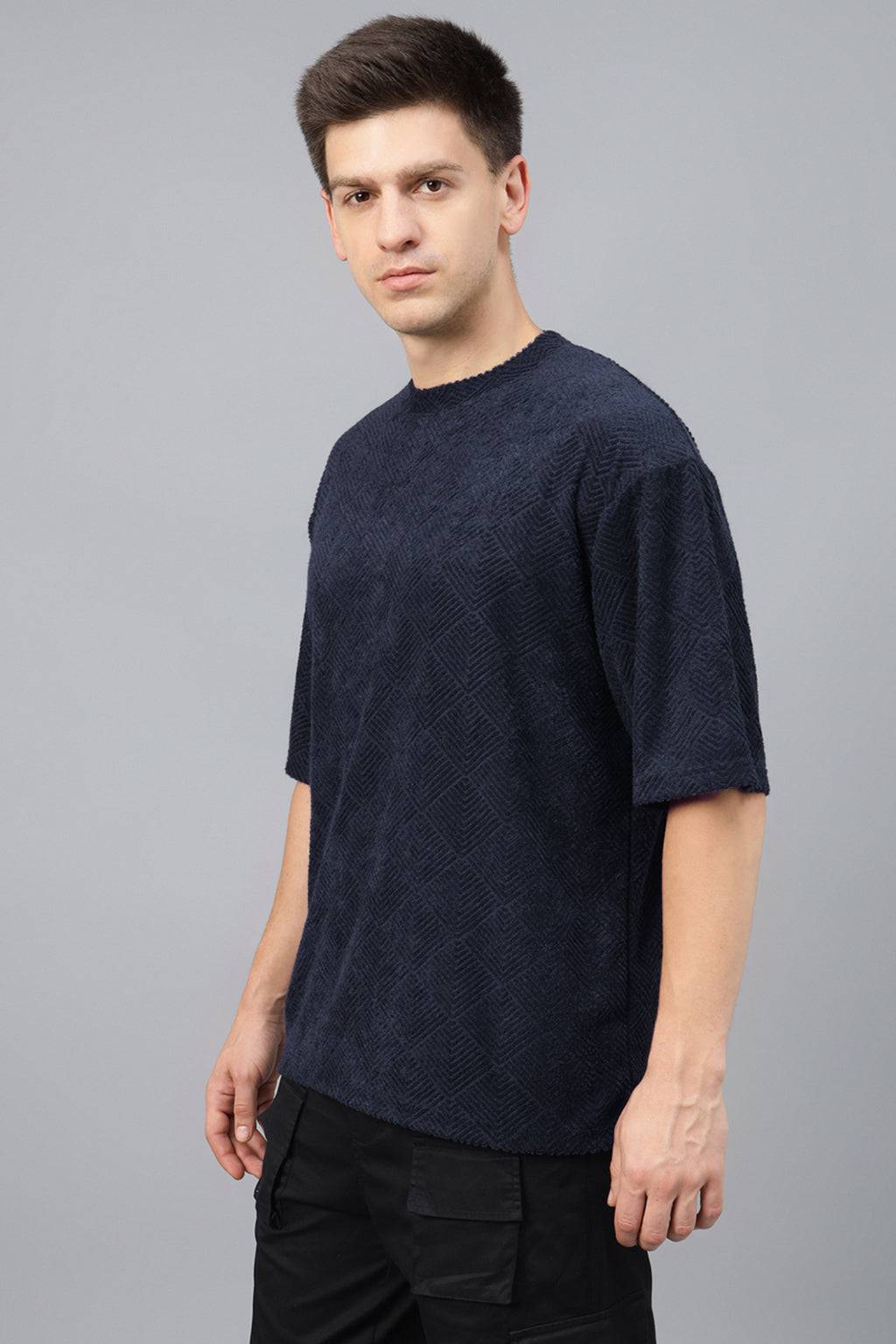 Navy Jacquard Plain Oversized Exclusive T-shirt