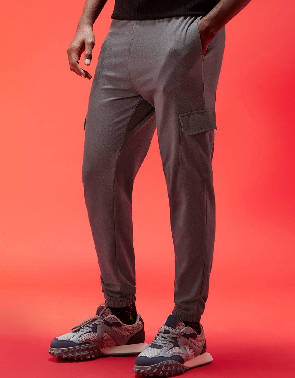 Charcoal Grey Solid Baggy Fit Cargo Joggers