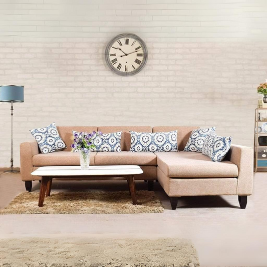 Ansley Sectional Sofa In Beige Color With Blue Printed Cushions