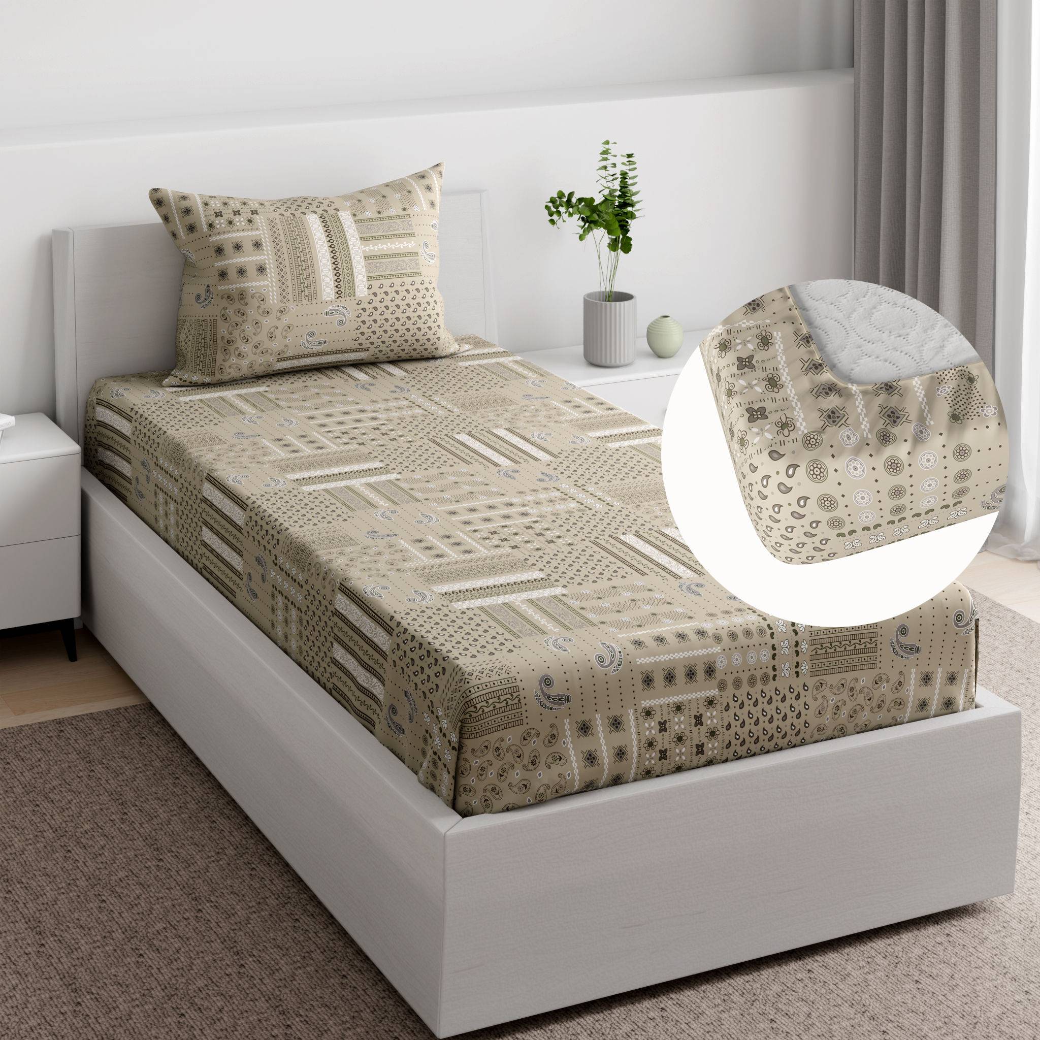 Essentials 100% Cotton Super Soft Fitted Bedsheet With 1 Pillow Cover | Tessa Single, 78" x 30", Tessa | 1.98m x 76cm (78x30 inch)