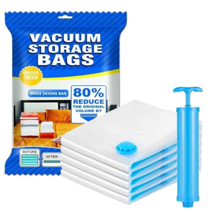 Vacuum Storage Bags – Set of 5 (2 Small, 2 Medium, 1 Large) with Pump, Air-Tight Compression Bags for Clothes & Travel Buy @ ₹299