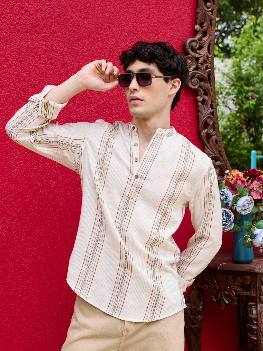 Cream Embroidered Striped Linen Kurta Buy only at ₹699